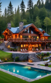 a house with a pool and a deck with trees in the background