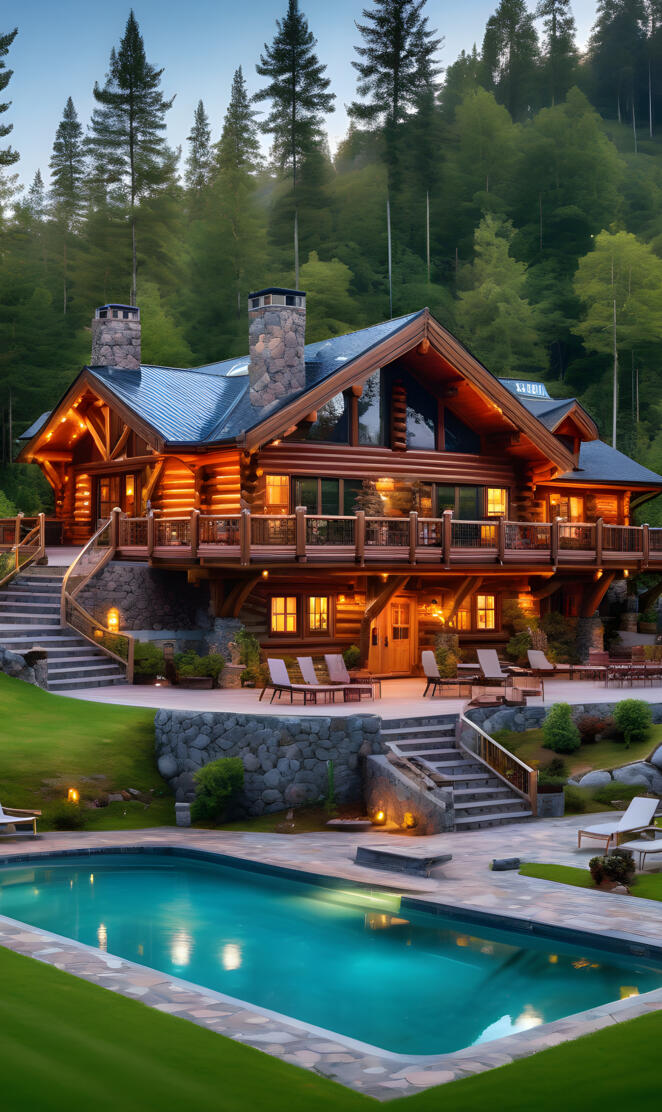 a house with a pool and a deck with trees in the background