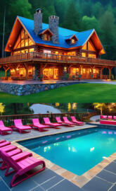 a house with a pool and a deck with a pool and trees in the background