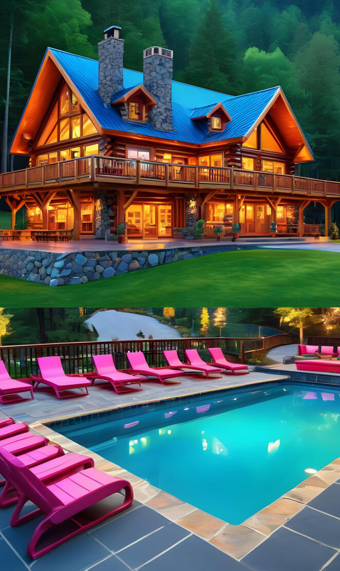 a house with a pool and a deck with a pool and trees in the background