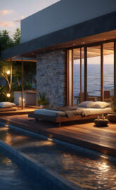 a house with a pool and a deck with a view of the ocean