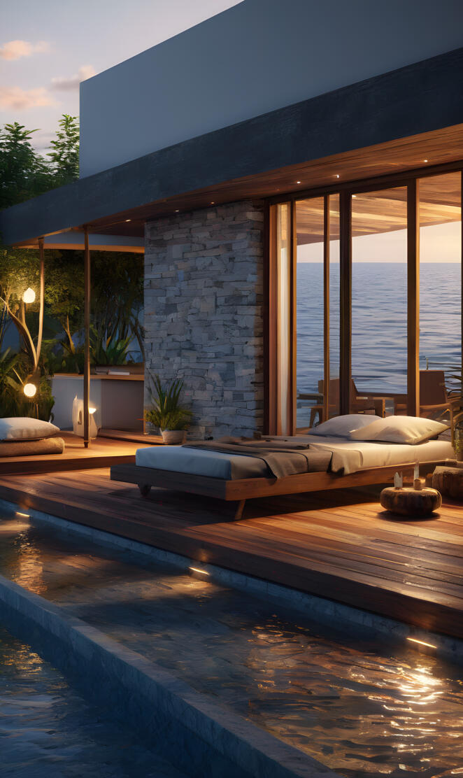 a house with a pool and a deck with a view of the ocean