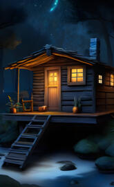 a house with a pool and a deck with a view of the moon