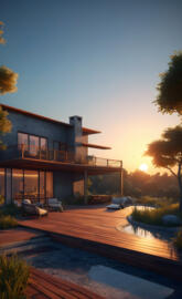 a house with a pool and a deck with a sunset in the background