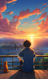 a person sitting on a deck looking at a city and water