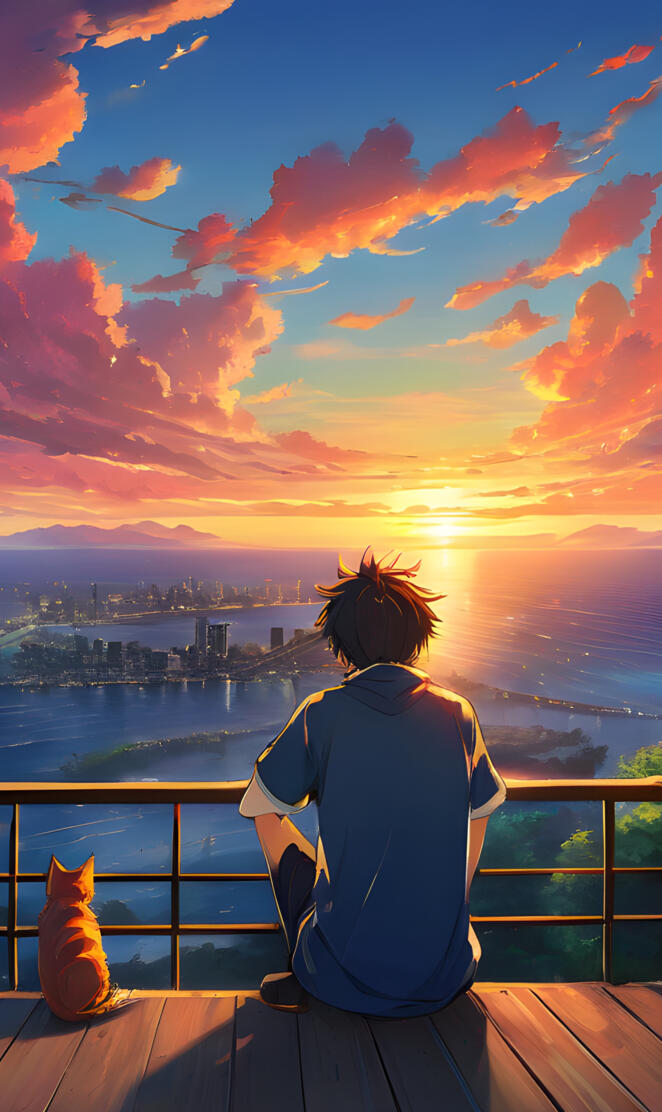 a person sitting on a deck looking at a city and water