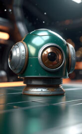 a green camerabot on a table