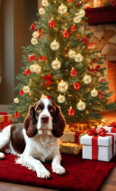 English Springer Spaniel laying in frt of Fraiser Fir Christmas tree