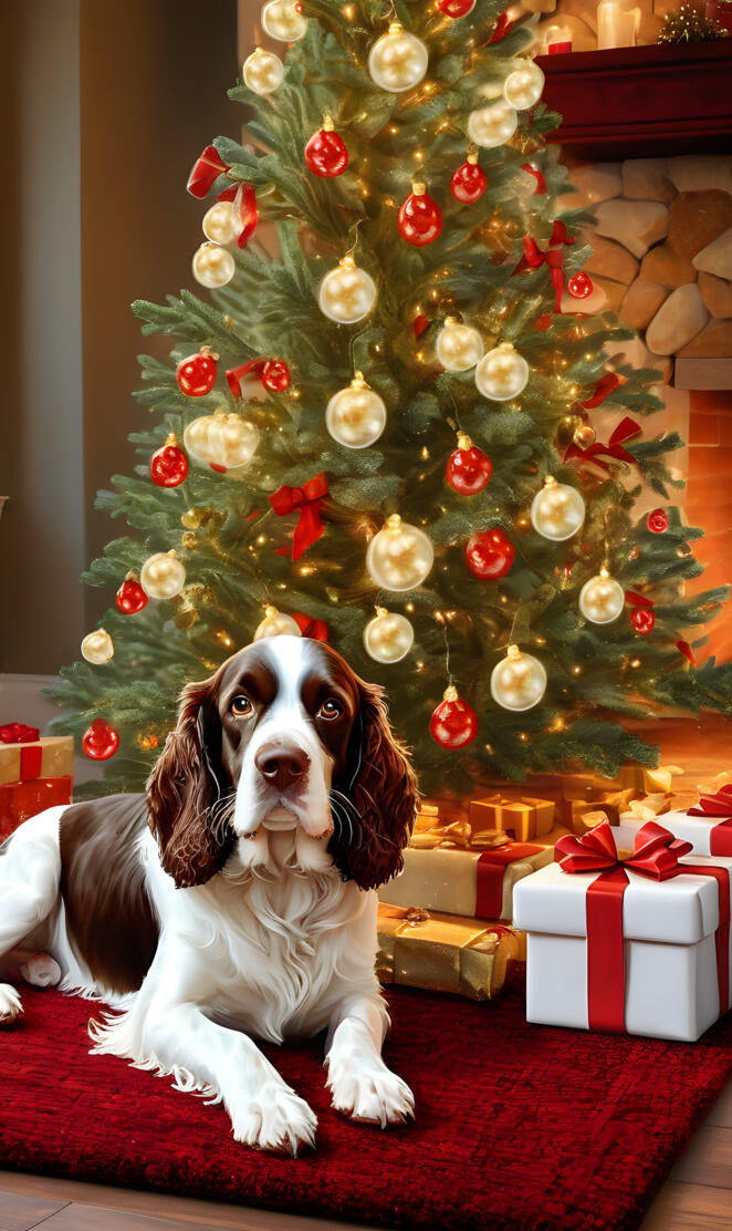 English Springer Spaniel laying in frt of Fraiser Fir Christmas tree