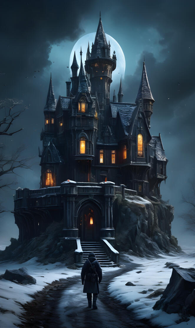 a castle with a person walking in front of it at night