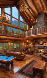 a living room with a fireplace and a large chandelier