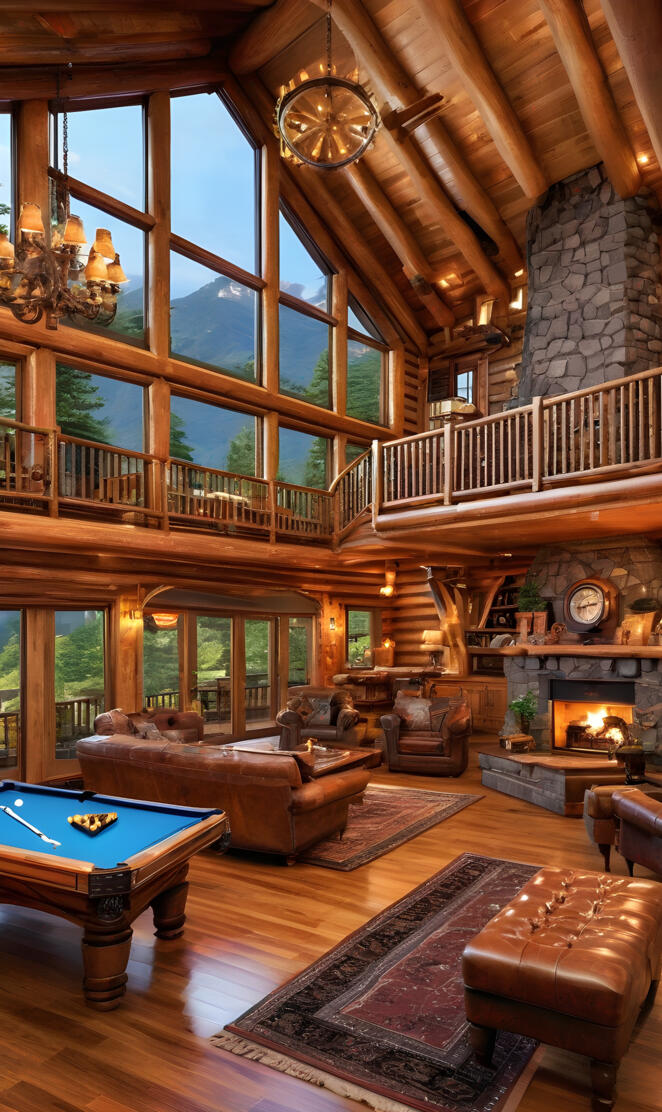 a living room with a fireplace and a large chandelier