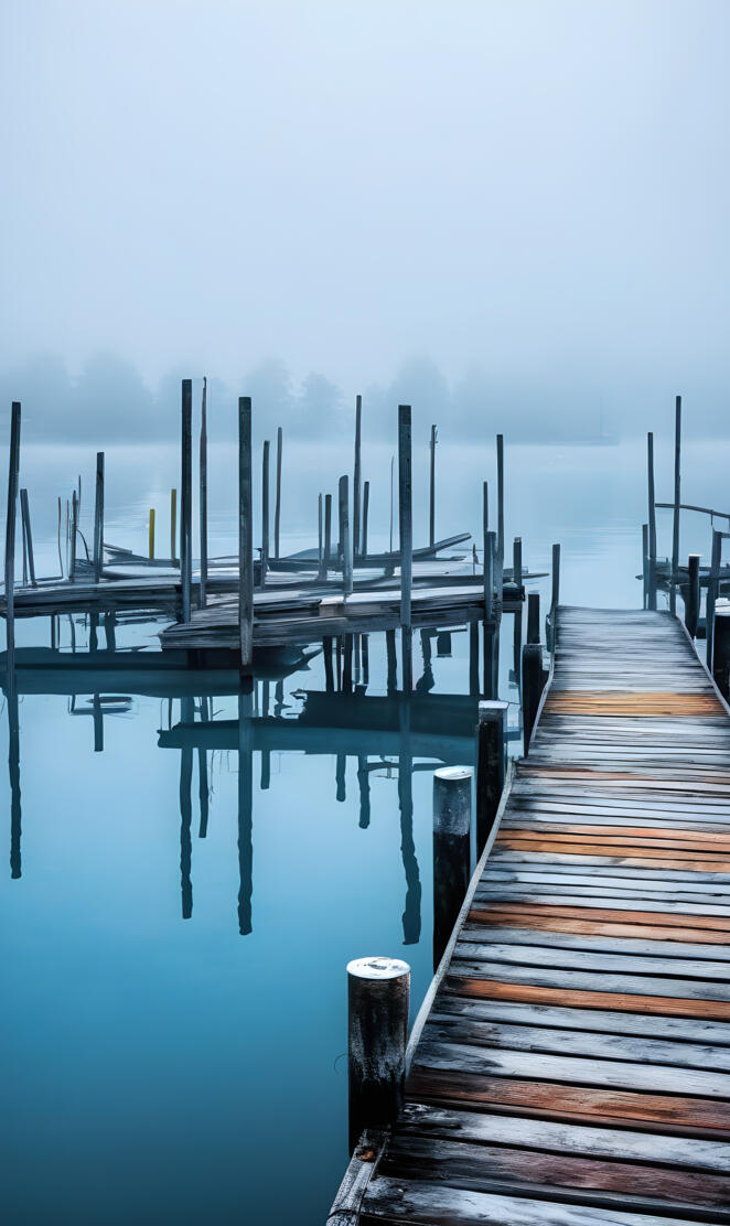 a dock with a row of wooden posts in the water