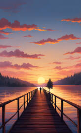 man on the lake pier at sunset walking towards the end of the pier ...