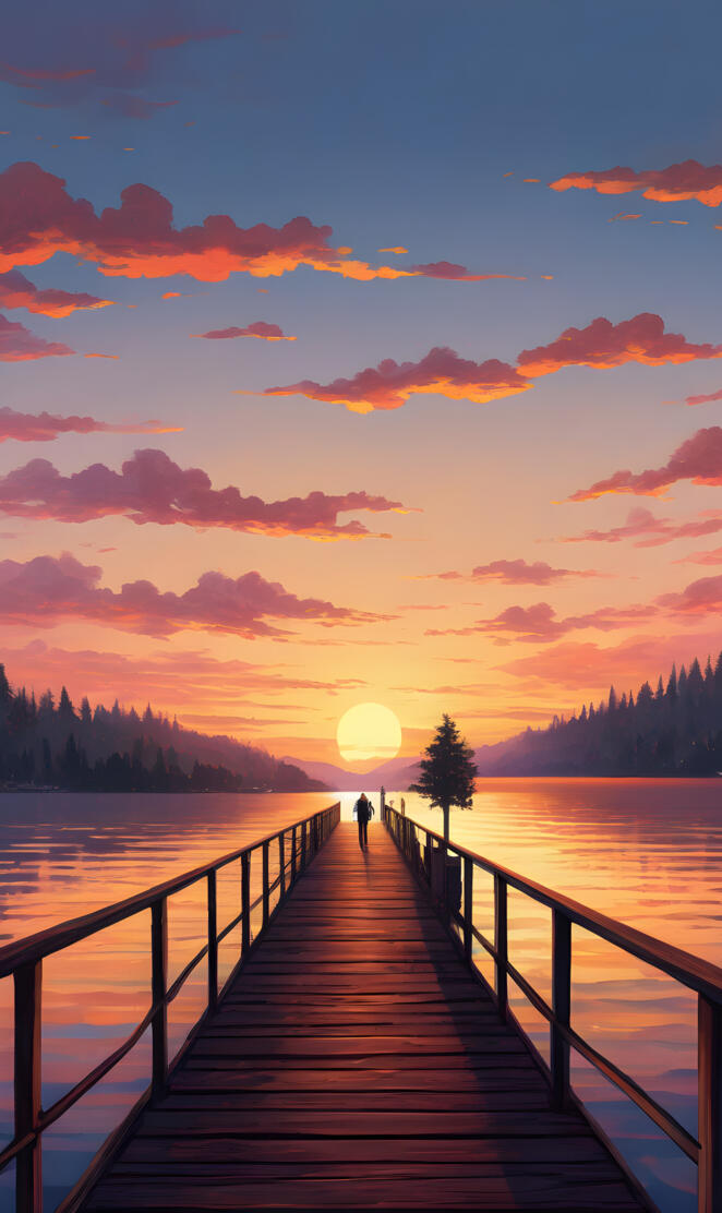 man on the lake pier at sunset walking towards the end of the pier ...