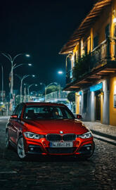A red car parked on a street