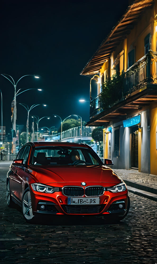 A red car parked on a street