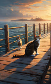 a couple of cats on a dock