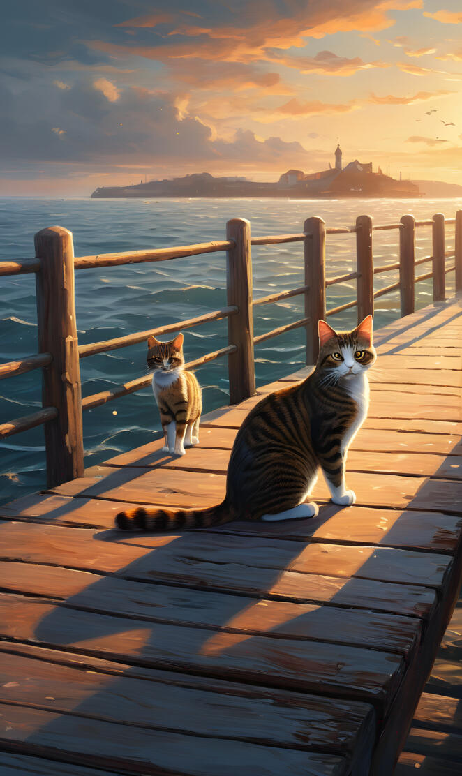 a couple of cats on a dock
