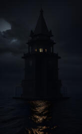 a lighthouse on a pier at night