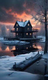 a house on a dock in the snow