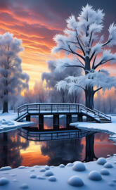 a bridge over a body of water with snow on the ground and trees