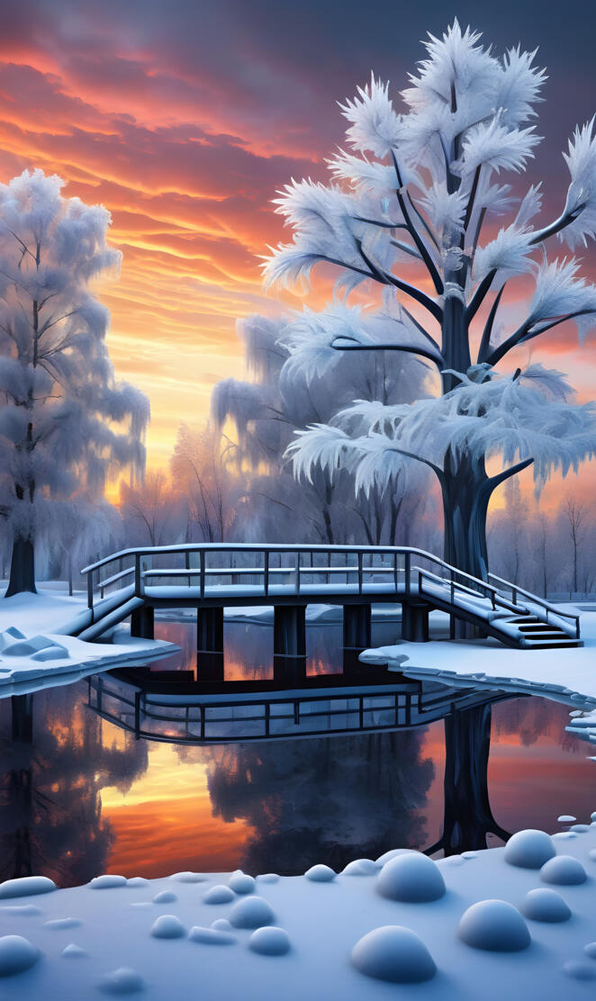 a bridge over a body of water with snow on the ground and trees