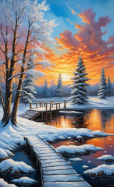 a dock over a body of water with trees and snow on the side