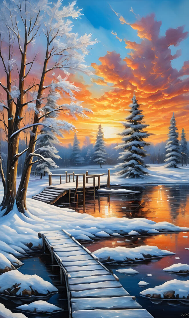 a dock over a body of water with trees and snow on the side