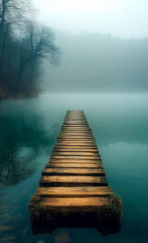 Mysterious Wooden Pier Leading into a Foggy Lake