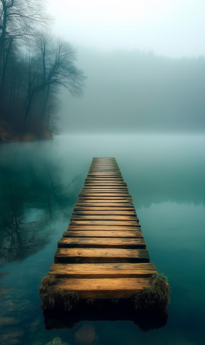 Mysterious Wooden Pier Leading into a Foggy Lake
