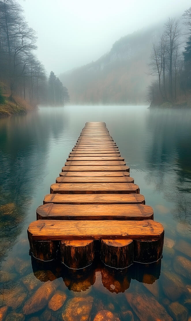 Rustic Wooden Pier Extending into a Misty Mountain Lake