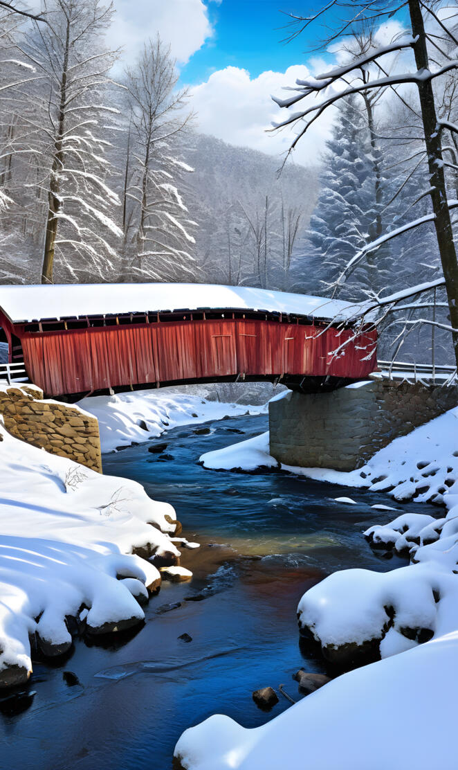 a bridge over a river with snow on the sides