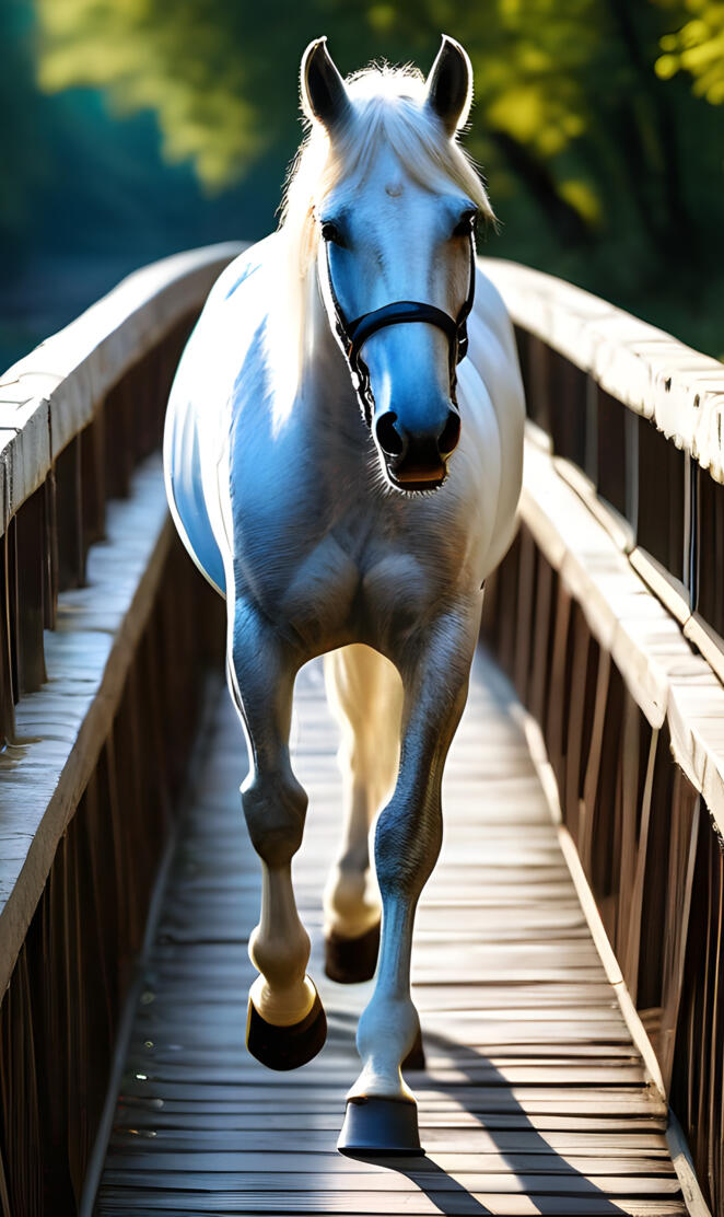 white horse crossing the bridge