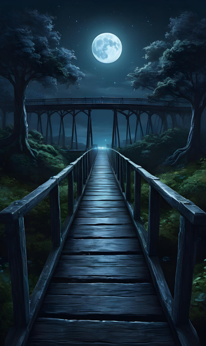 Walkway bridge in the dark moonlight