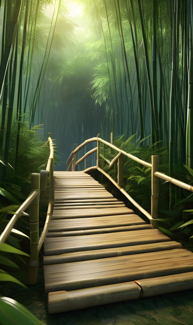 an old wodden bamboo bridge through a forest