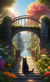 black cat with bridge in back and water