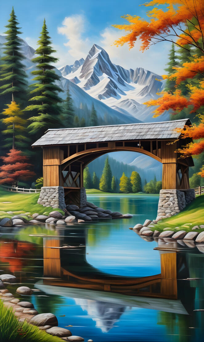 covered bridge over lake