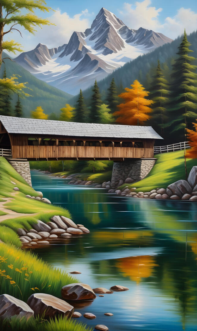 covered bridge near a lake
