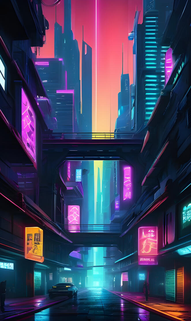 a street with buildings with neon signs