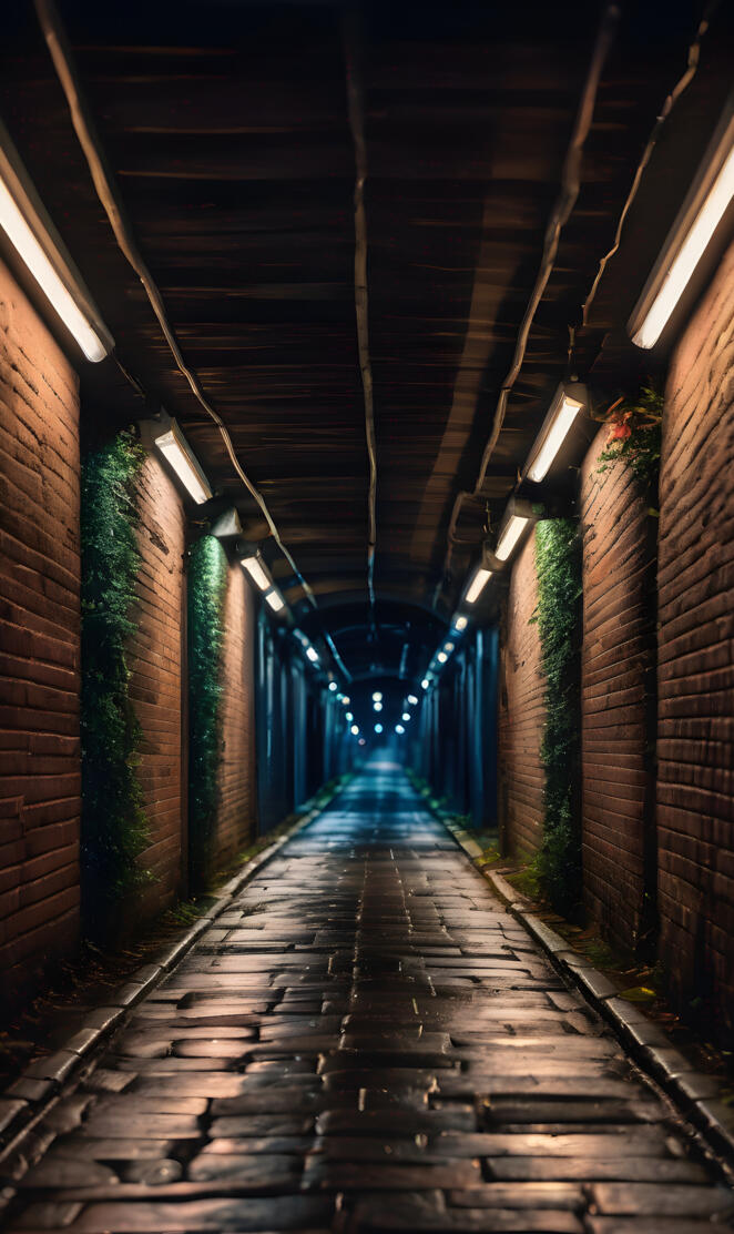 A long brick walkway with brick walls