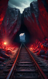 train tracks in a arch tunnel with red lights