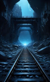a train track going through a tunnel at night