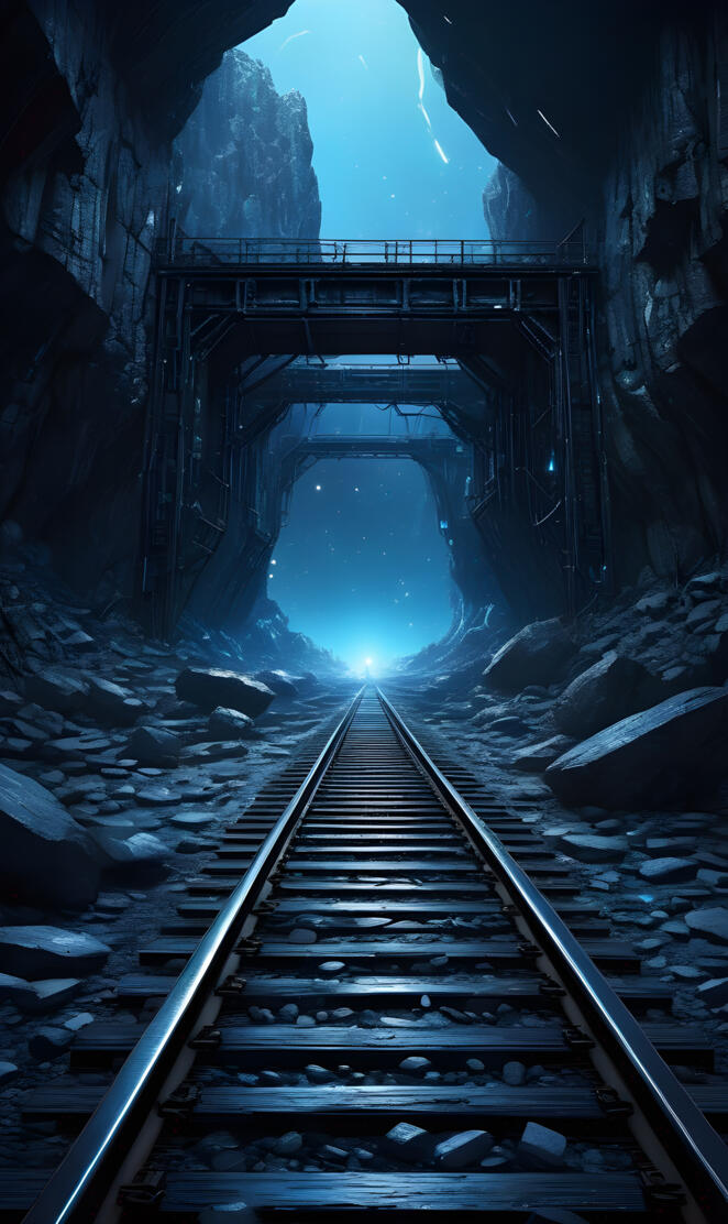 a train track going through a tunnel at night