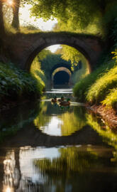 a group of people in a boat under a bridge