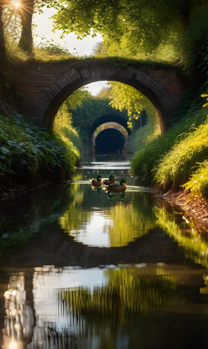 a group of people in a boat under a bridge