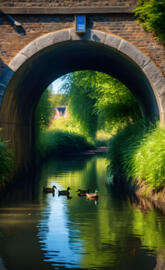 a group of ducks swimming under a bridge