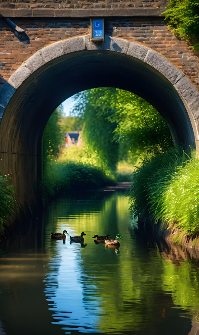 a group of ducks swimming under a bridge