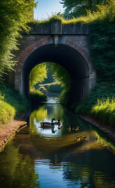 a group of people in a boat under a bridge
