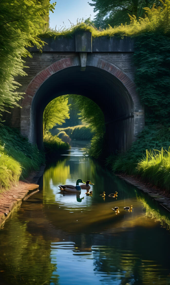 a group of people in a boat under a bridge